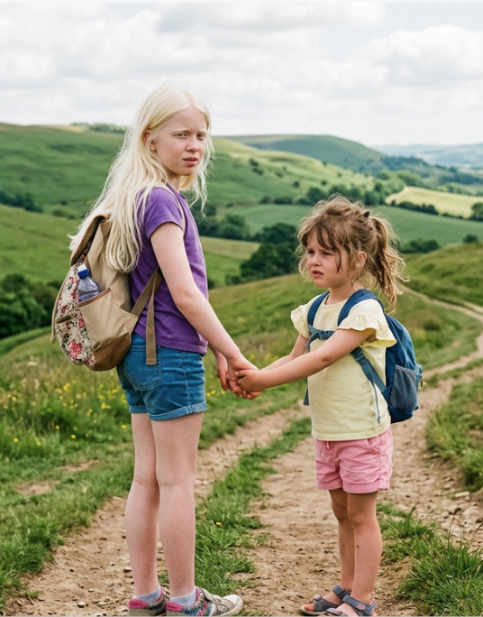 Two children (one girl age 11, one age 5) standing in the Welsh rolling hills holding hands wearing backpacks. The older girl has albinism.