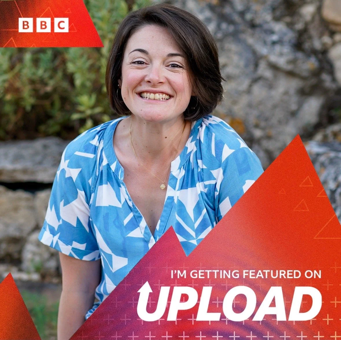 Photo of Amie smiling with a red BBC overlay. In white writing it reads: "I'm getting featured on Upload"