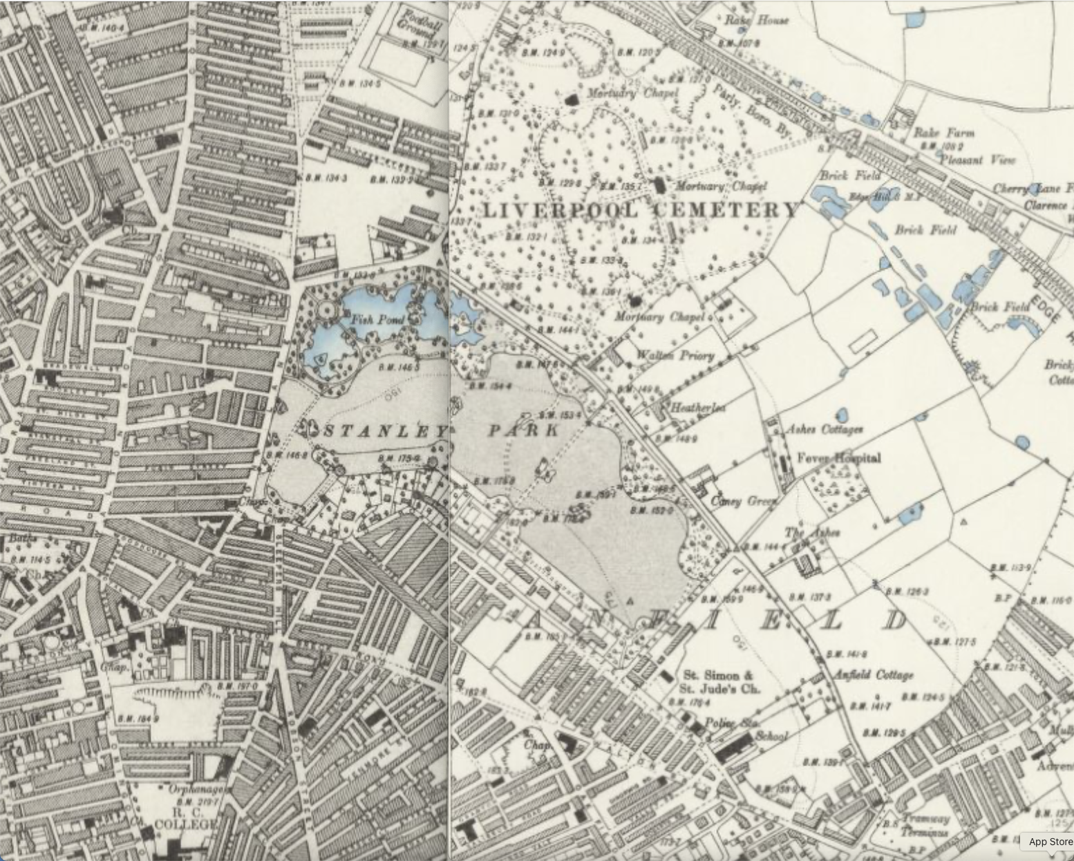 1920s OS map of Liverpool - the area surrounding Stanley Park.