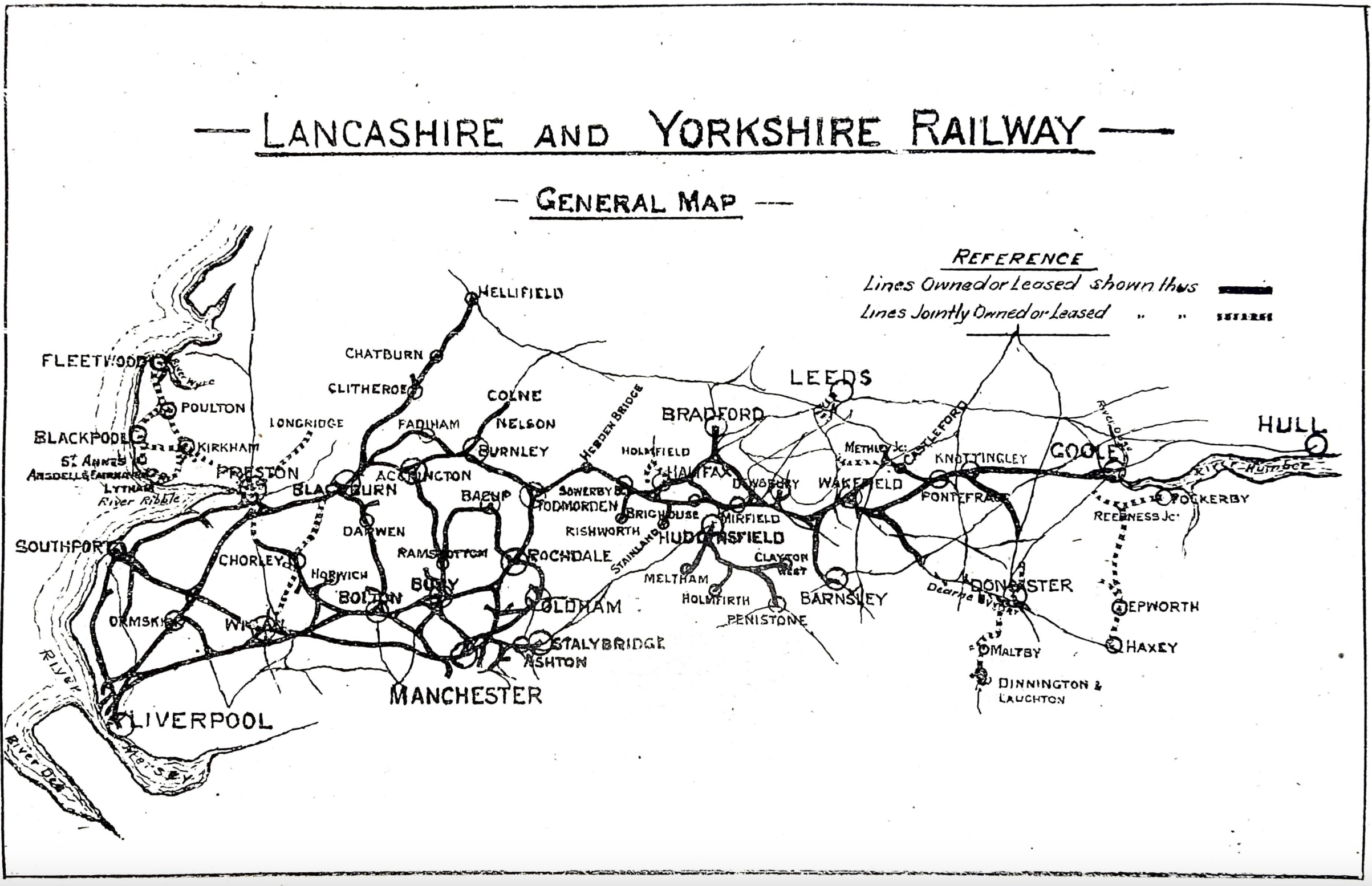 Map of the Lancashire and Yorkshire  railway system from Liverpool and Manchester to Fleetwood, Leeds and beyond.