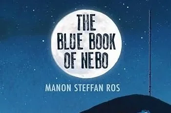 Top half of the book cover: it's an ombre blue sky with white dotted stars. A large, white full moon is centralised with the book title in all caps within its circle. To the right is a telephone mast on top of a silhouetted hill.