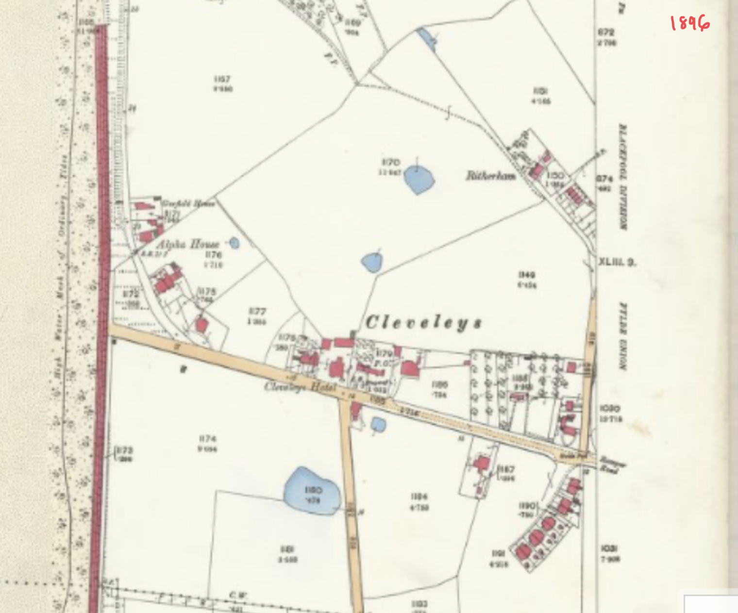 1890s OS map of Cleveleys, just north of Blackpool. It's a tiny village, just a smattering of houses.