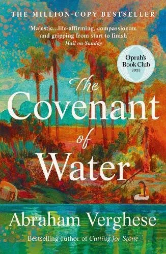 Book cover with the title written in bold white writing across the front; the image behind is a watercolour painting of the South India waterways in turquoises, reds and oranges.