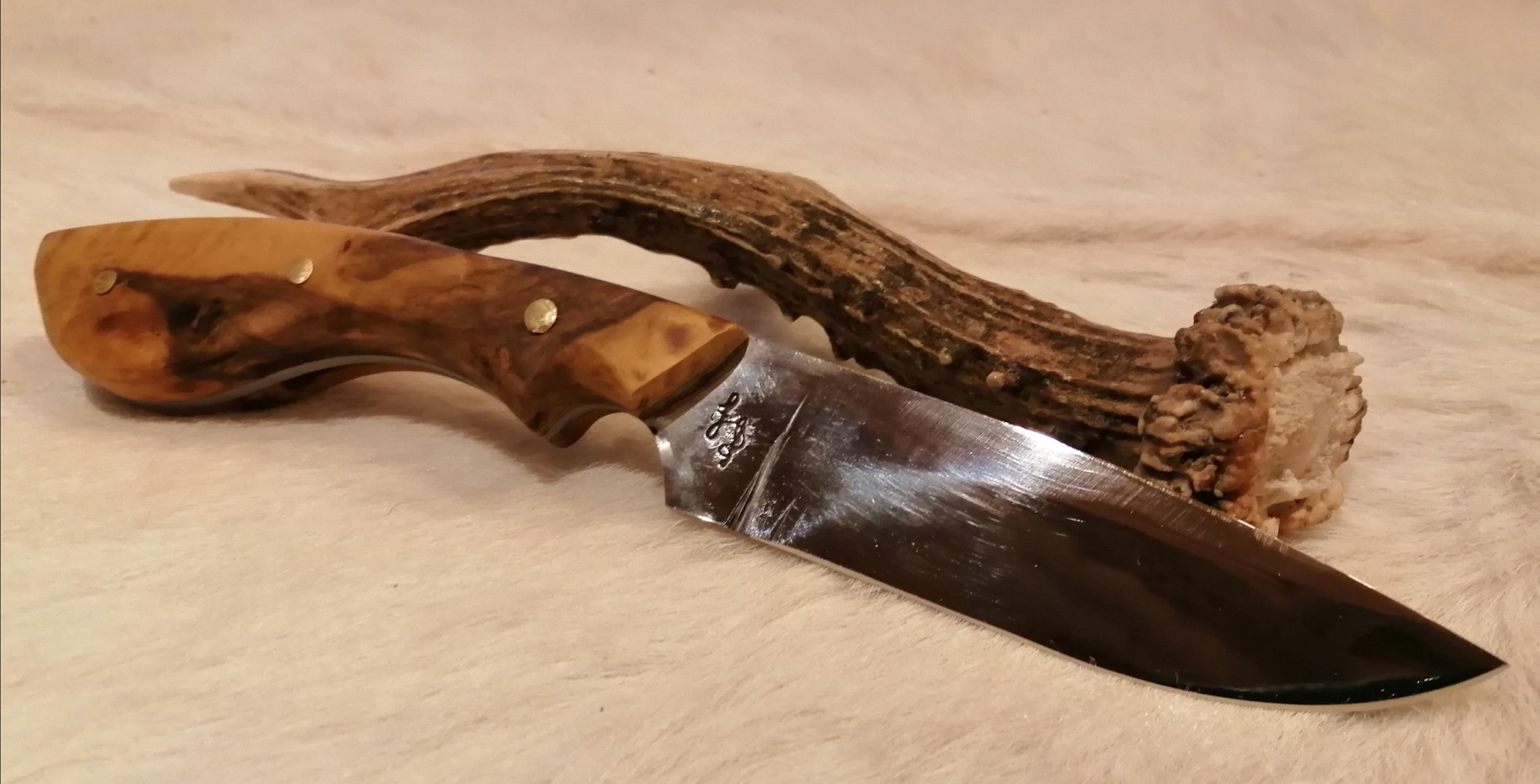 Un couteau avec une poignée en bois repose sur une surface en bois. À côté, il y a une pièce de bois ou racine ressemblant à un os ou à un morceau de bois brut.