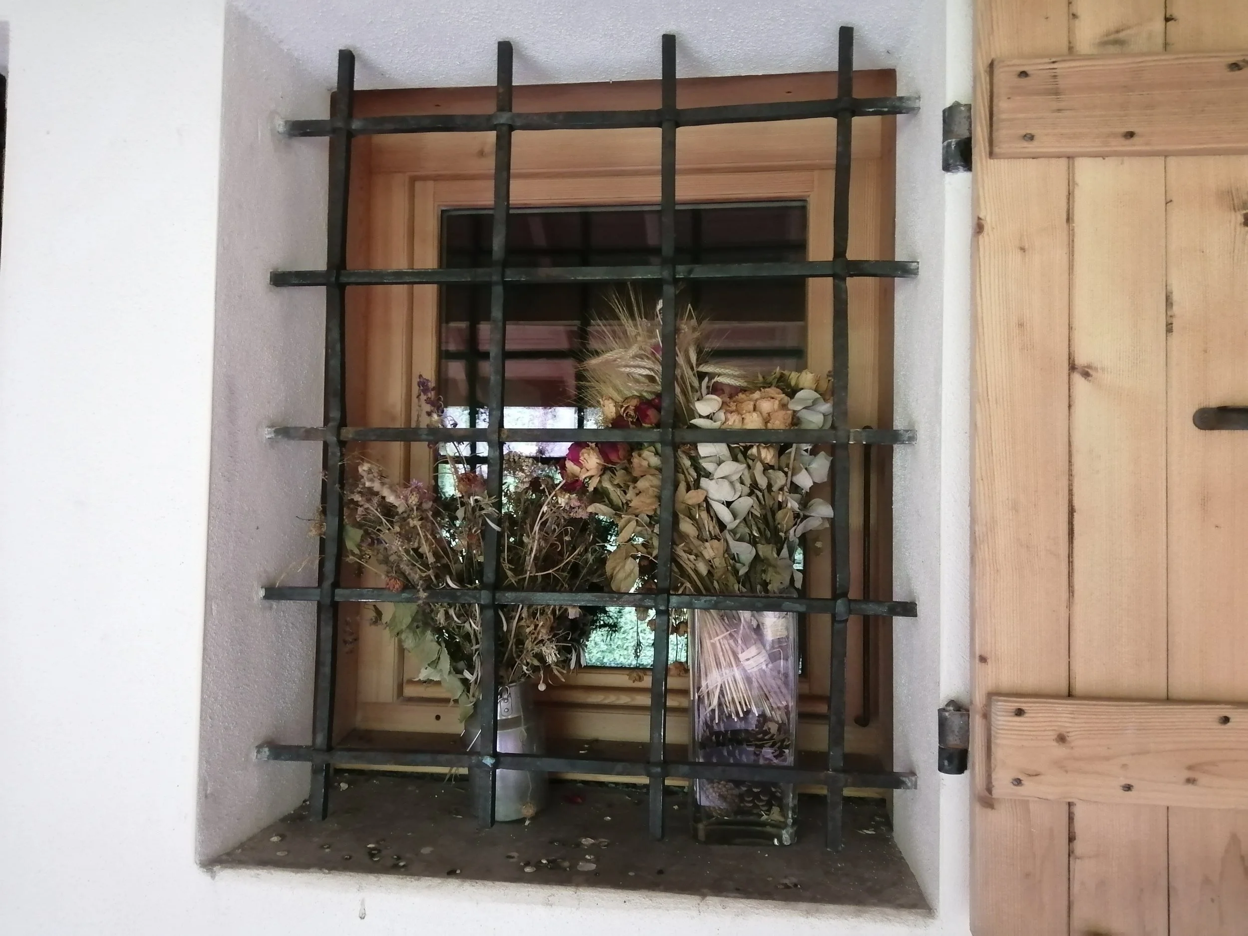 Une fenêtre encadrée de bois, protégée par une grille en métal noir, avec des plantes séchées et des tiges à l'intérieur.