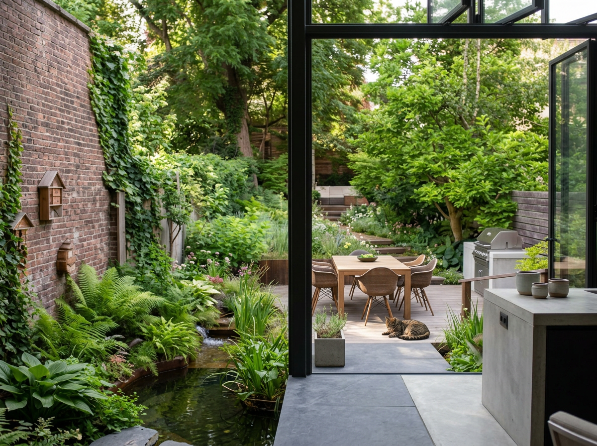 A patio garden in the city where the indoor and outdoor spaces blend seamlessly, featuring varying levels and a city pond.