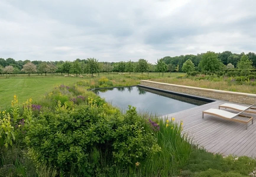 A natural swimming area with a patio in a landscaped garden, surrounded by native vegetation and a vast grassy meadow with fruit trees in the orchard