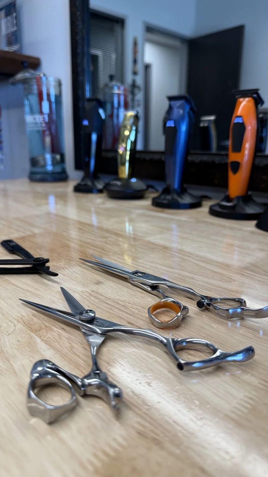 Barber shears and styling tools at McKinley Mills Barber Studio in Carmel, Indiana