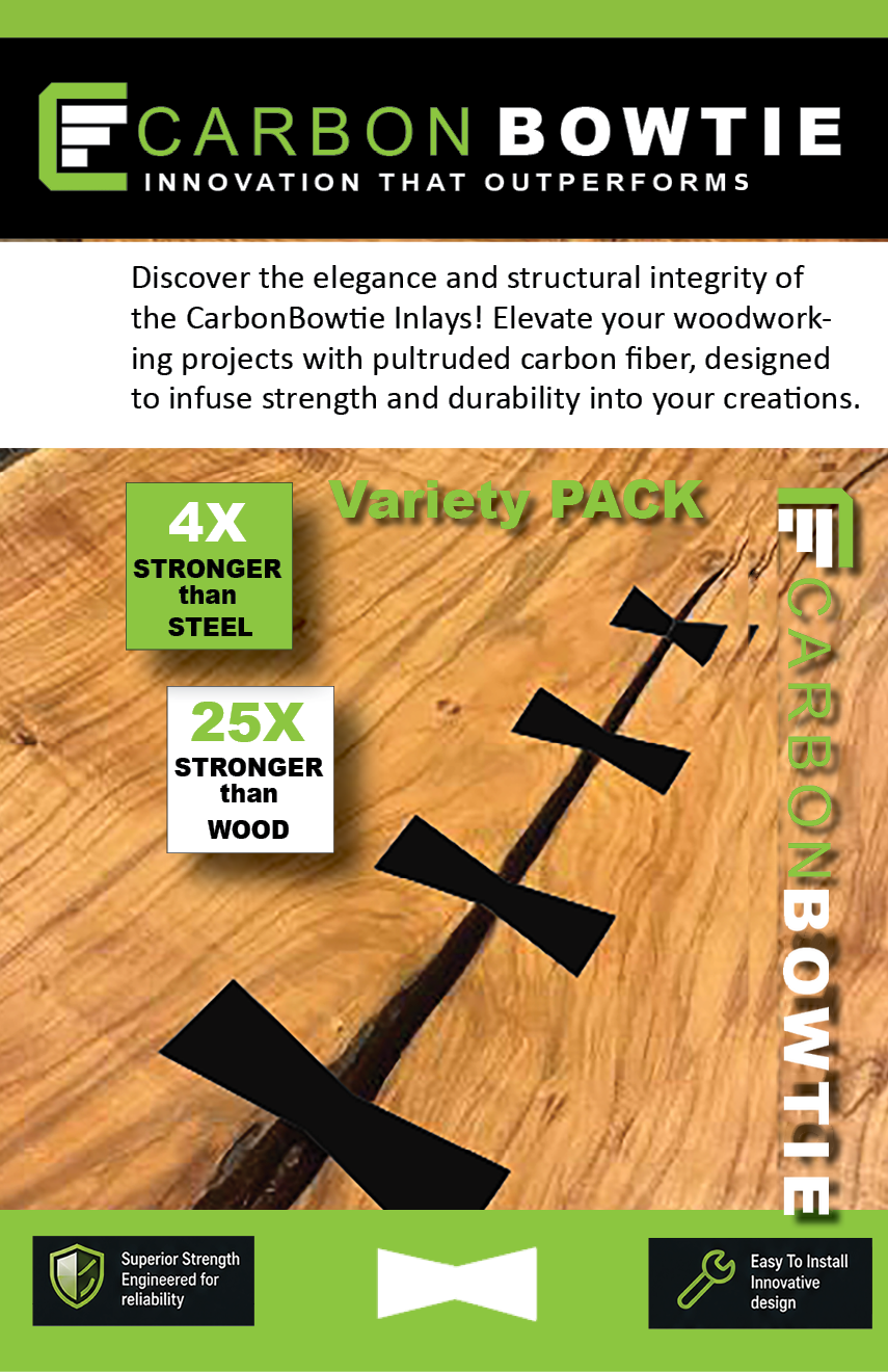 Packaging for Carbon Bowtie wood reinforcement product, with wooden background and green accents. Features text highlighting strength comparison: 4 times stronger than steel and 25 times stronger than wood, with images of black bowtie-shaped reinforcements. Includes icons for reliability and easy installation.
