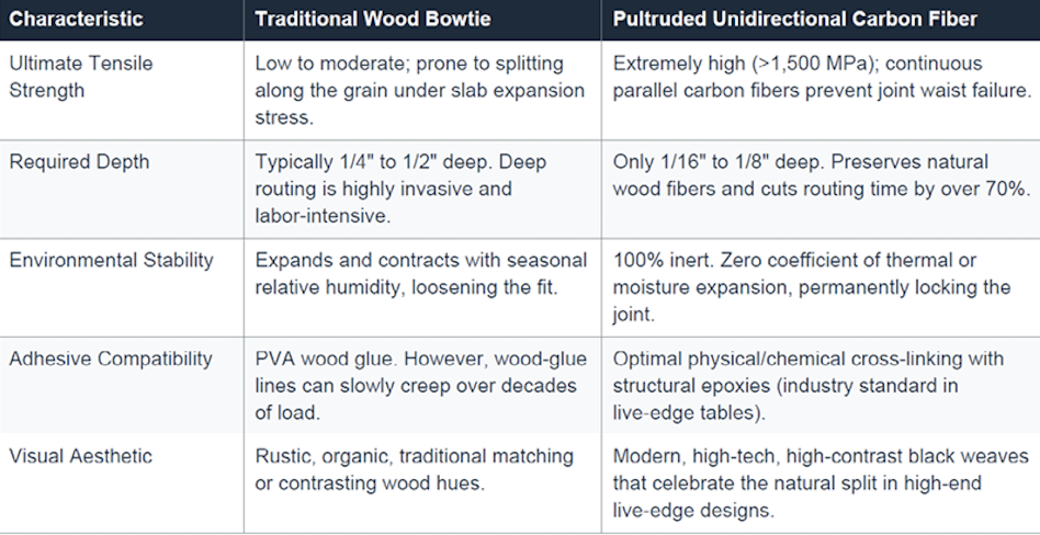 Comparison table contrasting traditional wood bowtie and pultruded unidirectional carbon fiber for construction, highlighting strength, depth, stability, adhesion, and aesthetics.