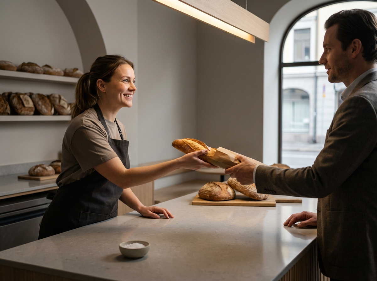 A woman in a bakery handing a loaf of bread to a man in a suit at the counter.