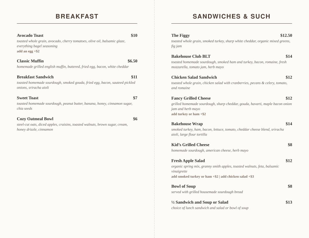 Menu with breakfast options on the left side and sandwiches on the right side, including items like avocado toast, classic muffin, breakfast sandwich, sweet toast, cozy oatmeal bowl, and various sandwiches and salads with prices listed.