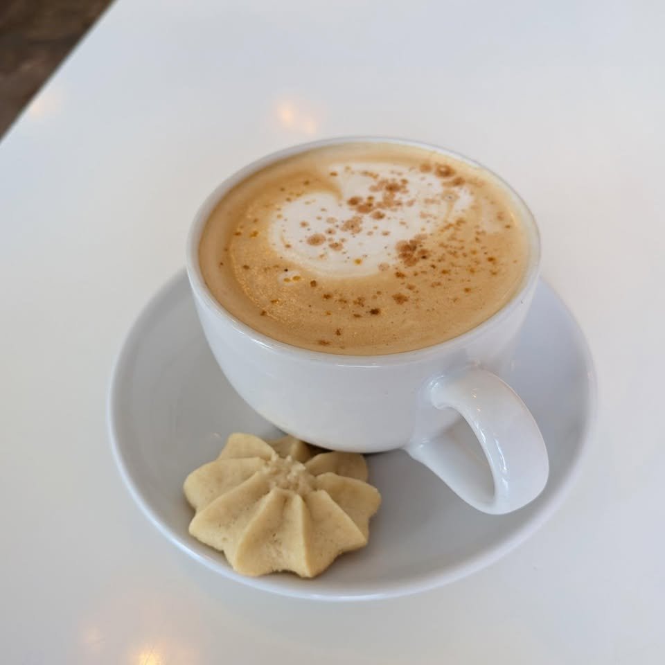 A white cup of frothy coffee topped with cinnamon, served on a white saucer with a small beige cookie on the side.