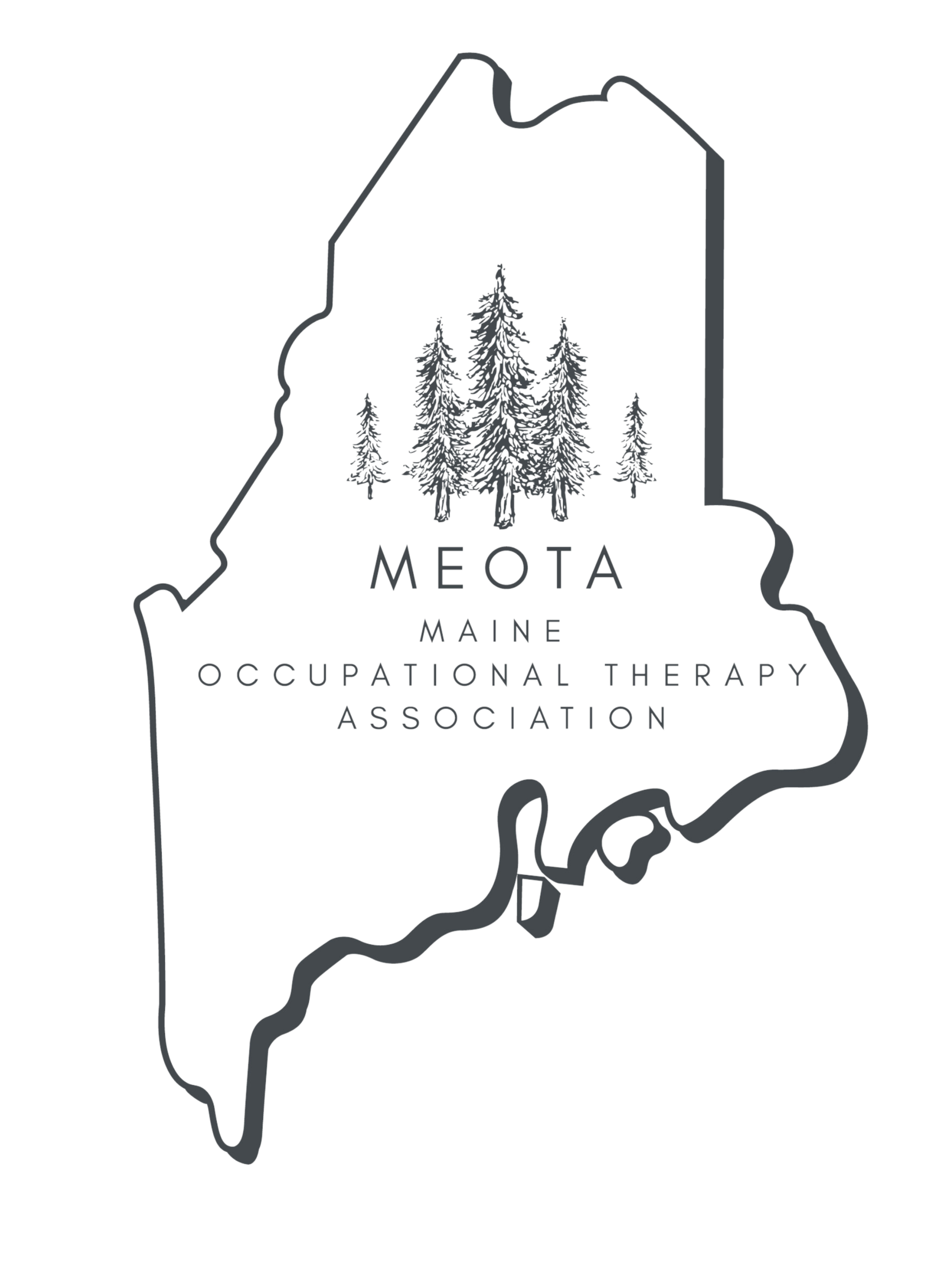 Map of Maine showing the Maine Occupational Therapy Association logo, which features trees and the outline of the state.