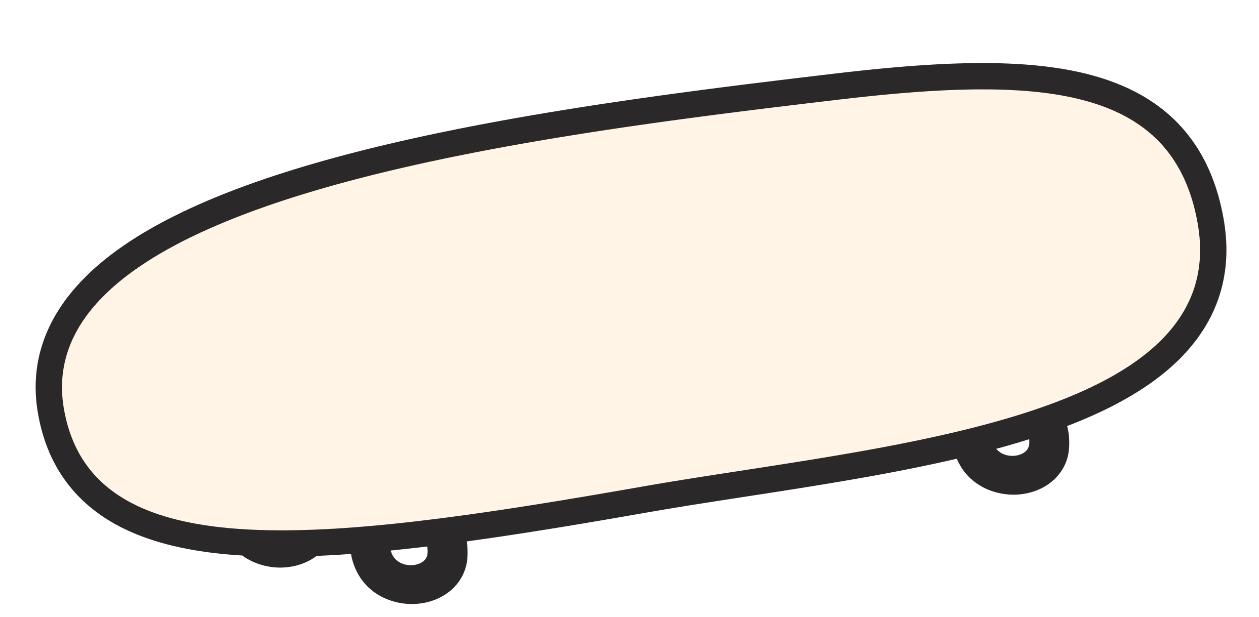 A simplified illustration of a skateboard with a light-colored deck, black grip tape, and small wheels.