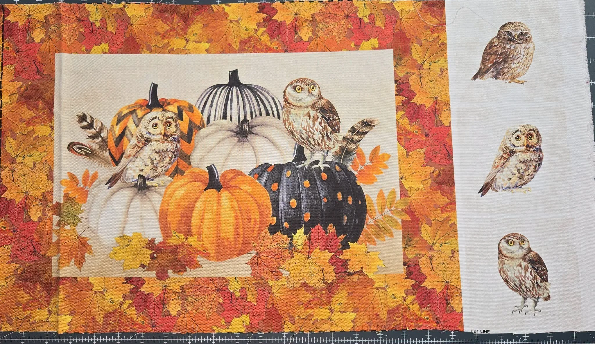 Decorative fabric featuring autumn-themed illustrations, including pumpkins, owls, and a border of colorful fall leaves.
