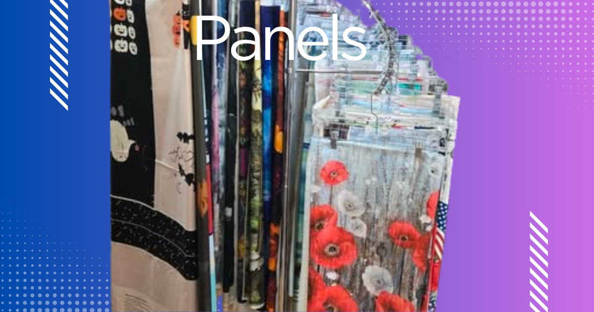 Display of various decorative panels with colorful and floral designs.
