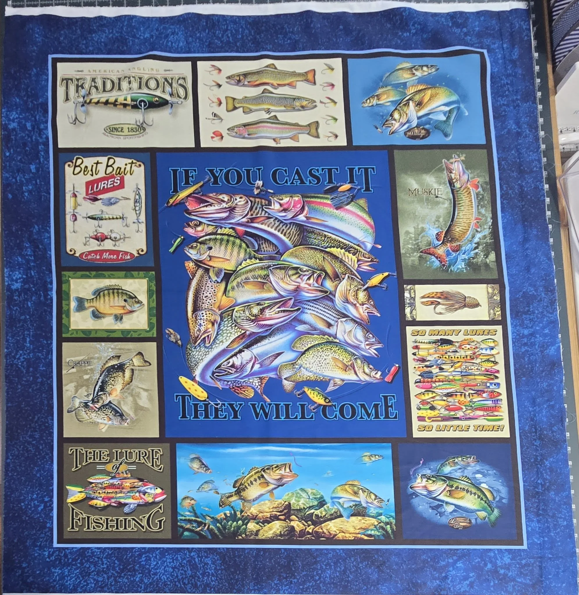 A colorful fishing-themed poster with illustrations of various fish, fishing lures, and fishing tips on a blue tablecloth background.