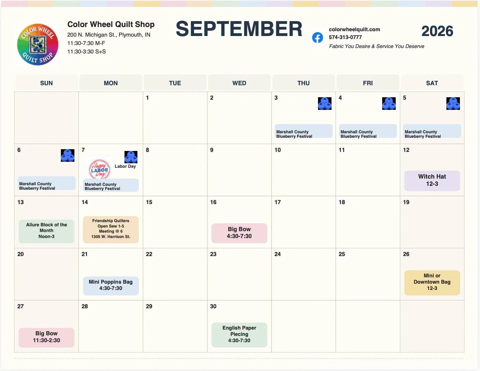 Monthly calendar for September 2026 from the Color Wheel Quilt Shop, with events and festivals, including Blueberry Festival, Big Bow, Mini Poppins Bag, and English Paper Piecing, with each event marked by colored boxes and text descriptions.