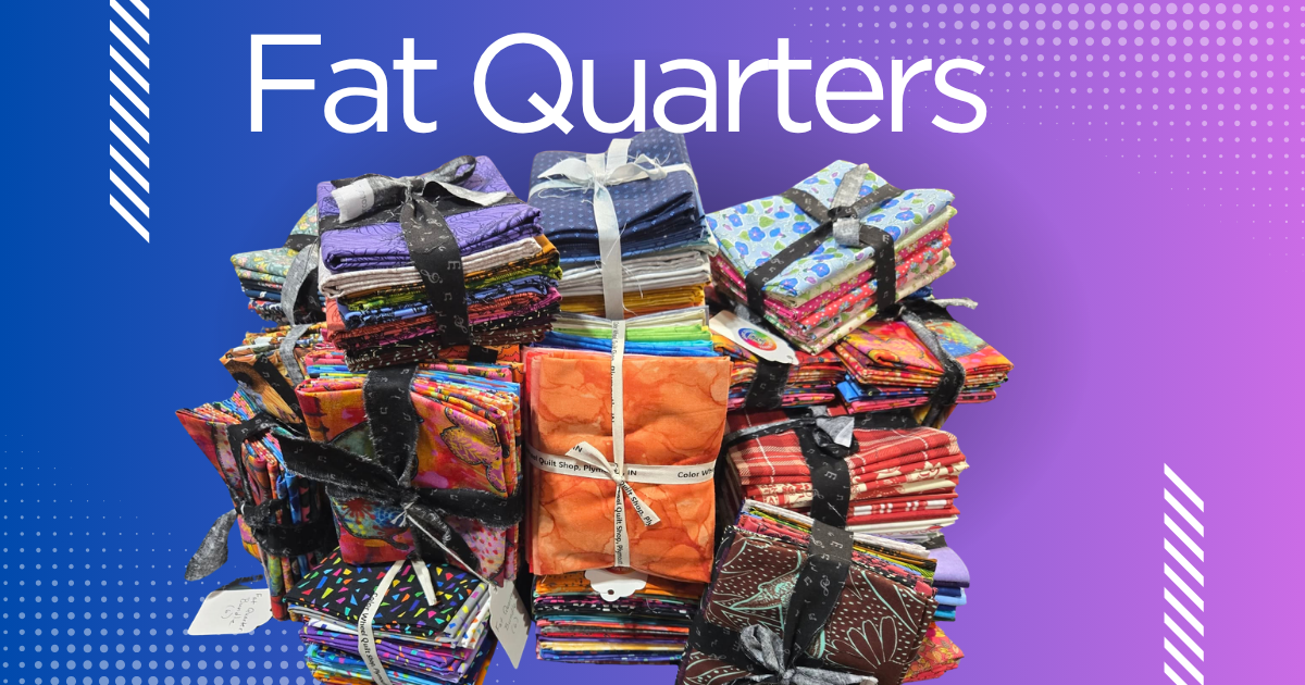 Bundles of colorful fabric squares tied with ribbons, arranged in stacks, with the words "Fat Quarters" over a gradient blue and purple background.