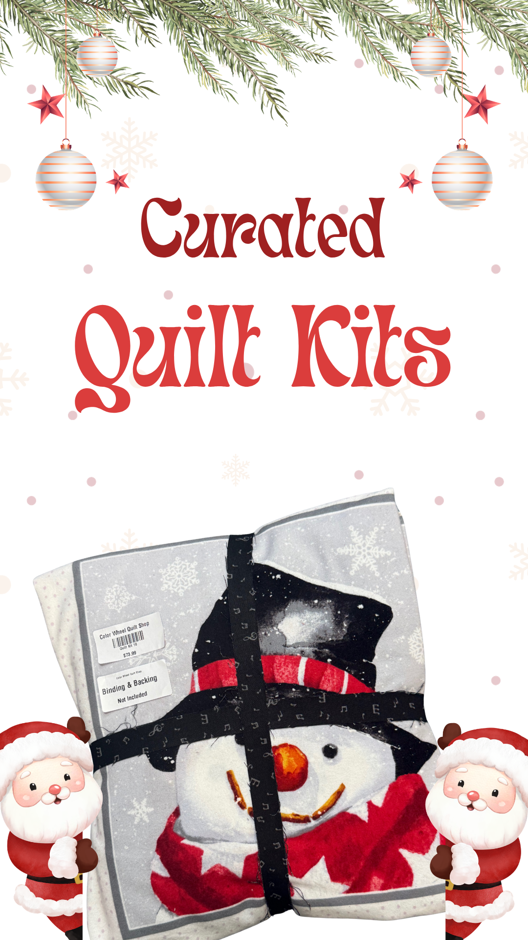 Christmas-themed greeting card for curated quilt kits with a snowman quilt image and Santa Claus cartoon characters at the bottom corners.