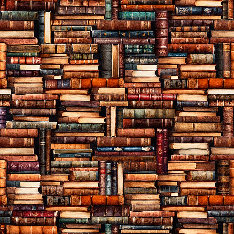 A large collection of old, leather-bound books stacked horizontally and vertically on shelves, creating a textured pattern.