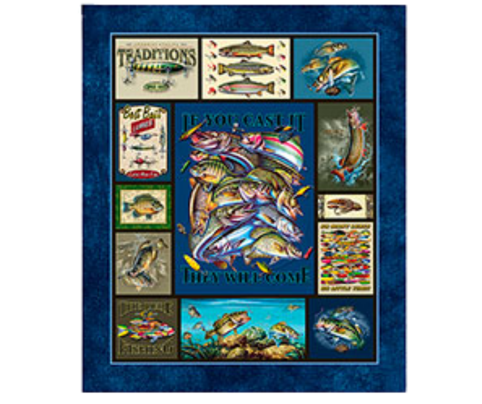 A colorful collage about fish, including various illustrations of fish, fish species, and fishing-related themes.