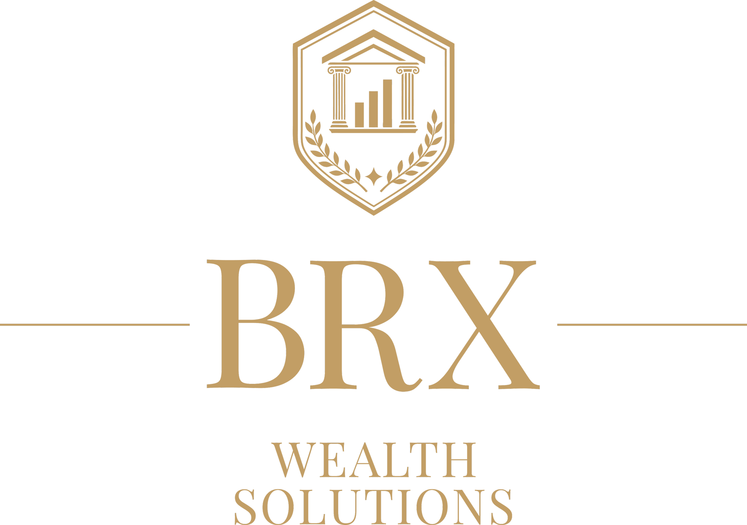 Logo for Wealth Solutions featuring a shield with pillars, a rising bar graph, and laurel leaves, with the words 'BDX Wealth Solutions' in gold on a black background.