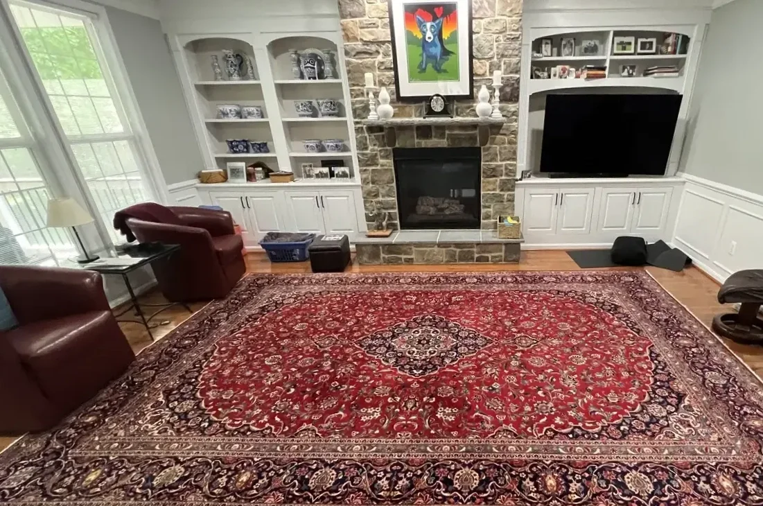 Living room with a red patterned rug, two red leather armchairs, a side table with a lamp, a fireplace with a stone surround, built-in white shelves with decorative items and a television, and a large colorful framed picture of a blue dog on the wall above the fireplace.