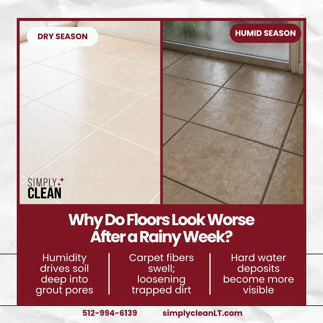 Why Floors Look Worse After a Rainy Week in Texas

Same floor. Different season. Here's why it looks worse. 🌧️

Texas humidity isn't just rough on your sinuses &mdash; it's rough on your floors. Grout absorbs more moisture and particulates. Carpet f