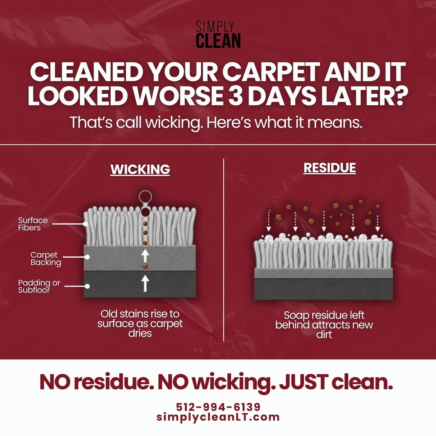 Why Does Carpet Look Worse After Cleaning?

Cleaned your carpet and it looked worse 3 days later? That's called wicking &mdash; and here's what it means. 🧼

Wicking = old stains buried in the carpet backing get reactivated by moisture and rise to th