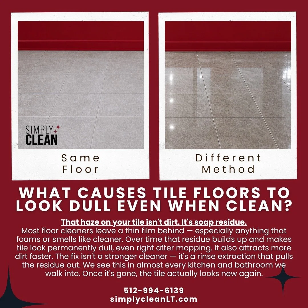 Why Tile Floors Look Dull Even After Cleaning

Your tile isn't dull. It's buried under soap residue. 🧼

Every time you mop with a standard floor cleaner, it leaves a thin film behind. You can't see it at first &mdash; but it builds up. And eventuall