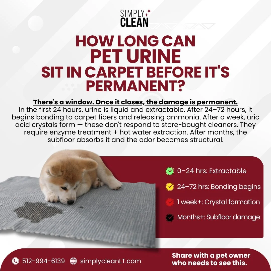 Pet Urine in Carpet &mdash; How Long Before It's Permanent?

Your pet had an accident. You cleaned it up. But did you really? 🐾

Pet urine soaks past the carpet surface fast &mdash; into the backing, the pad, and eventually the subfloor. Once it's t