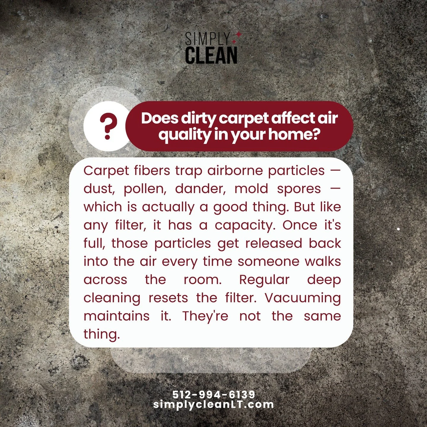 Your carpet is an air filter. And it fills up. 🏠

Dust, pollen, dander, mold spores &mdash; carpet traps all of it. Good thing, right? Until it's full. Then every step pushes it back into the air.

Vacuuming maintains it. Deep cleaning resets it. No