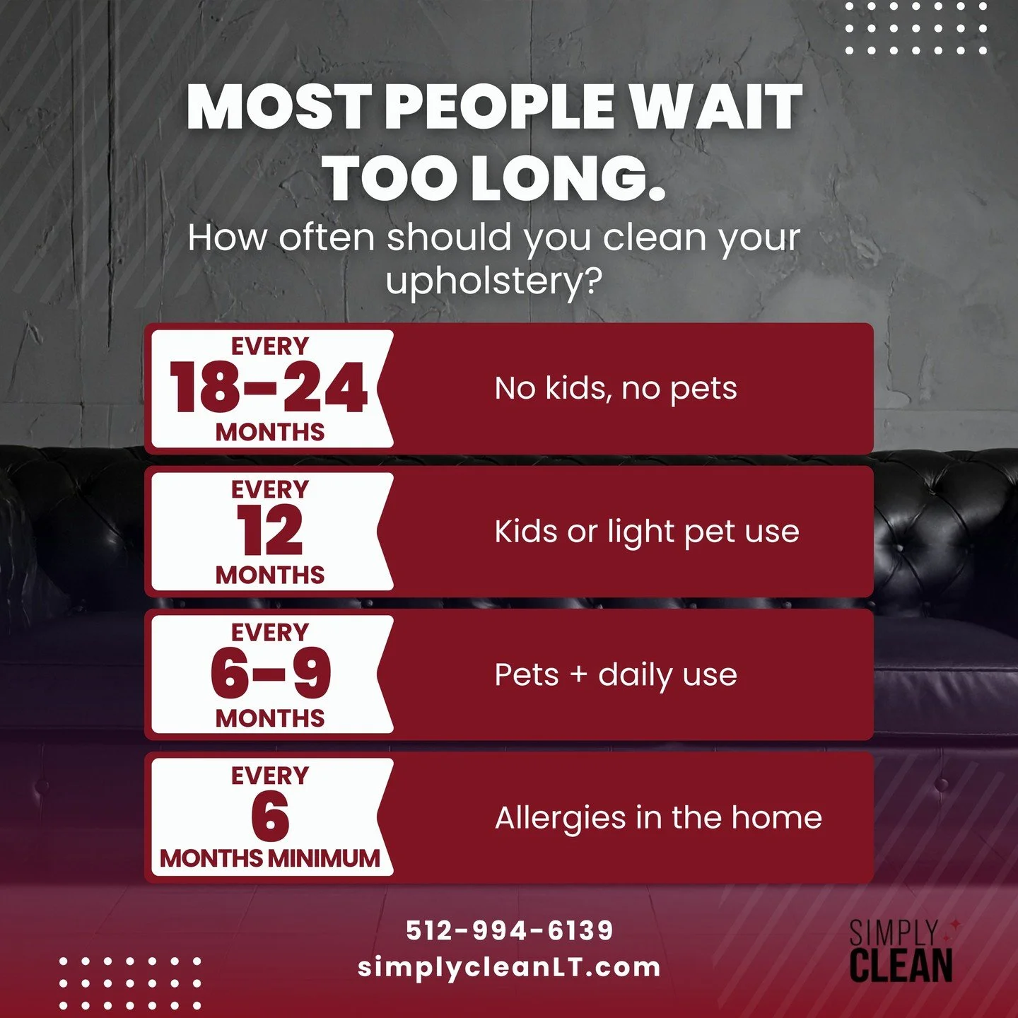 Most people wait until the couch looks bad. But the real stuff &mdash; you can't even see it. 🛋️

Dust mites. Pet dander. Dried spills. Dead skin cells. Fabric holds all of it.

How often should you clean?
🐾 Pets + daily use &rarr; every 6&ndash;9 