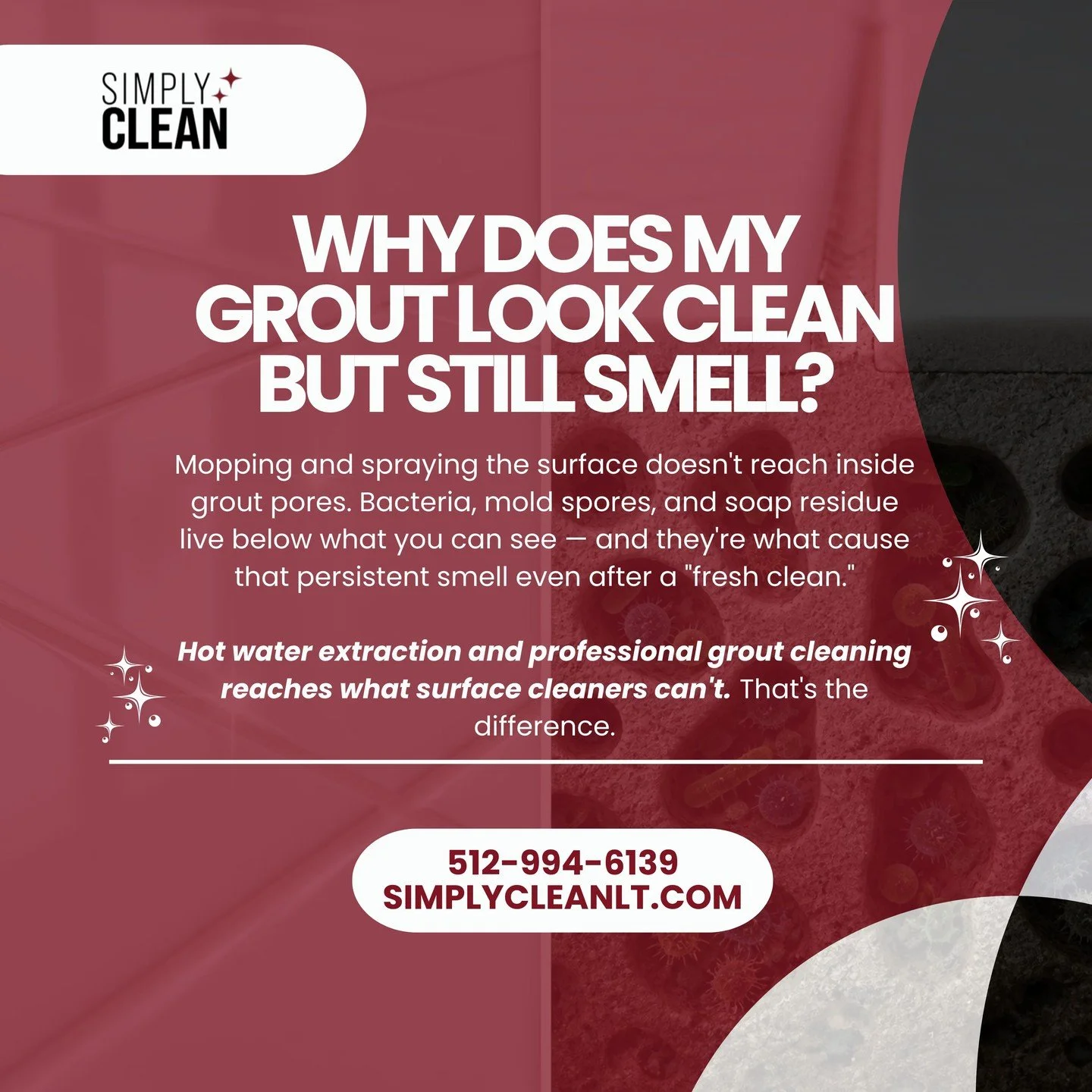 Grout looks clean. Still smells. Here's why. 👇

Grout is porous. Moisture, pet accidents, and soap residue soak in deep &mdash; way past what mopping can reach. The smell isn't on the surface. It's inside the material.

Store-bought cleaners work on