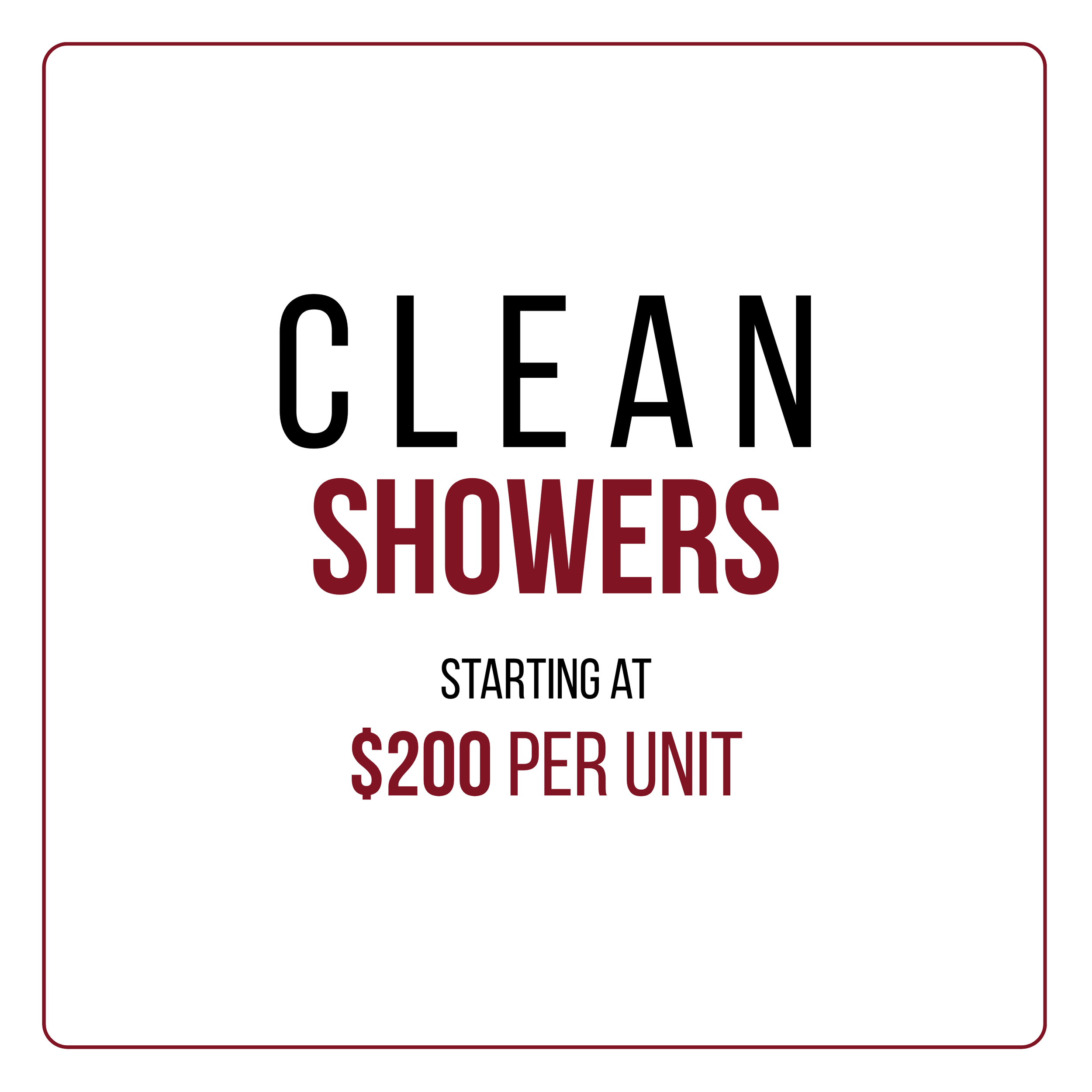 Sign indicating that showers are clean and showers start at $20 per unit.