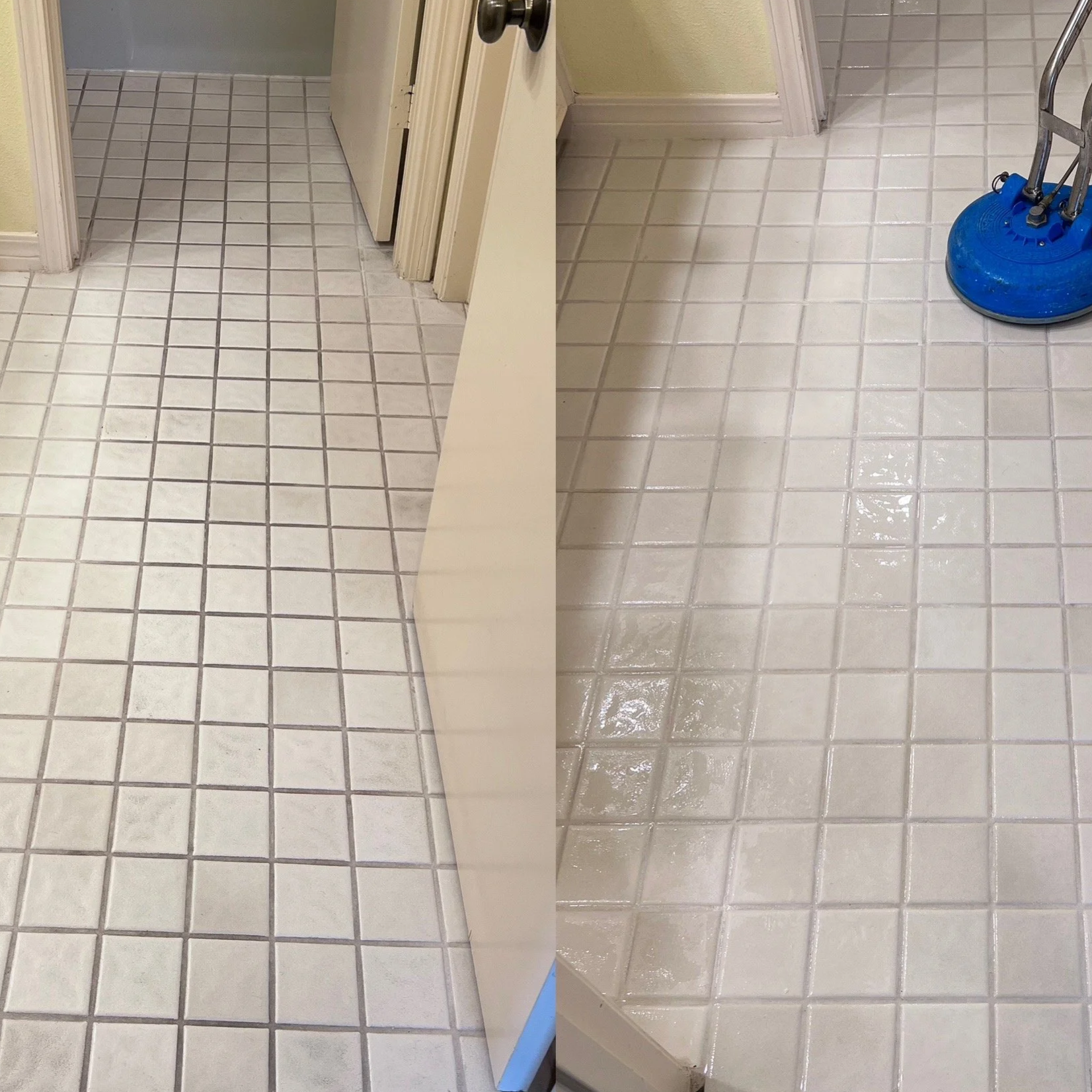 Side-by-side comparison of two tiled floors, with the left showing a clean white tile floor with dark grout lines in a bathroom or laundry area, and the right showing a similar tiled floor with wet tiles and a blue cleaning tool.