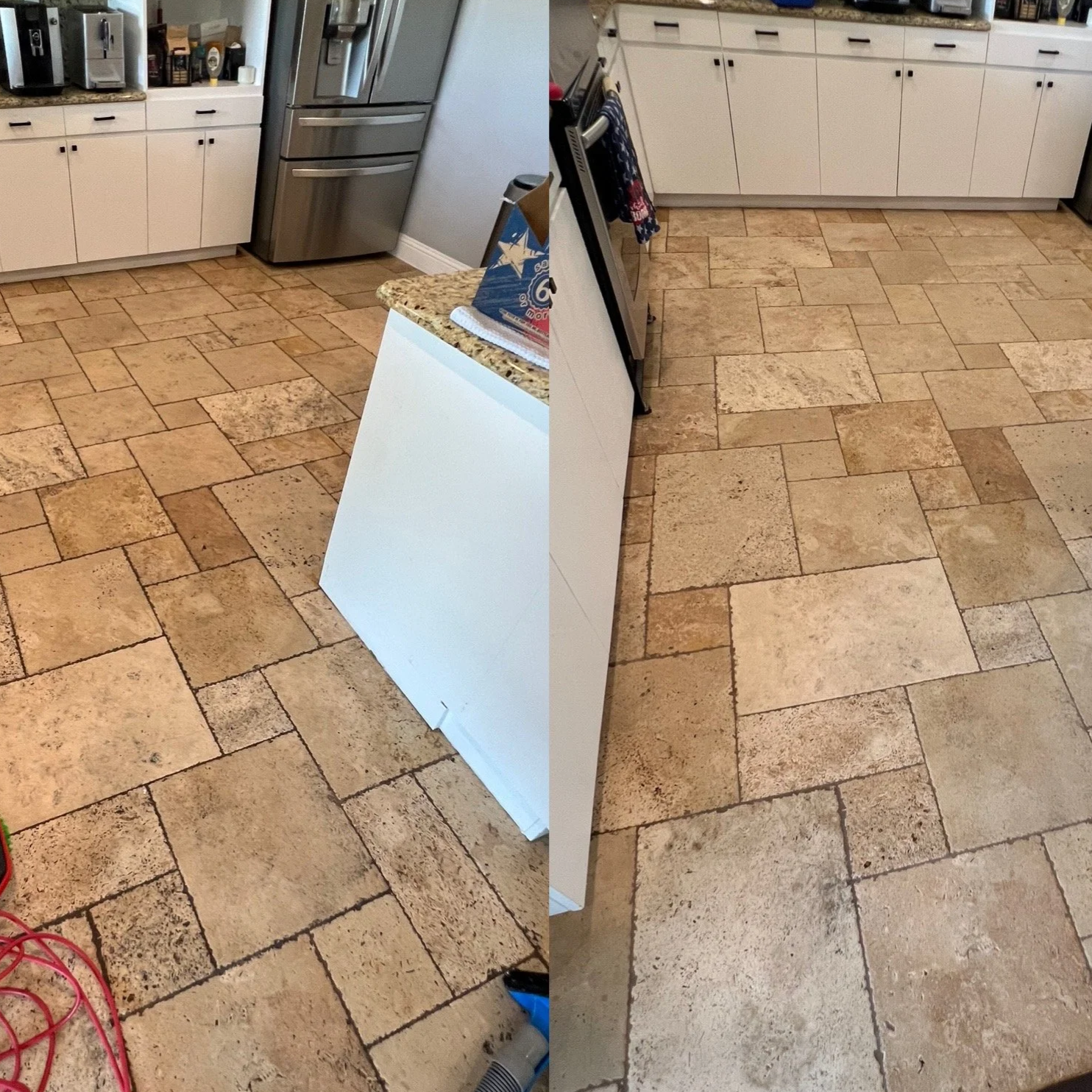 A side-by-side comparison of a kitchen floor before and after cleaning. The left side shows dirty, stained tiles, while the right side displays cleaner, brighter tiles.
