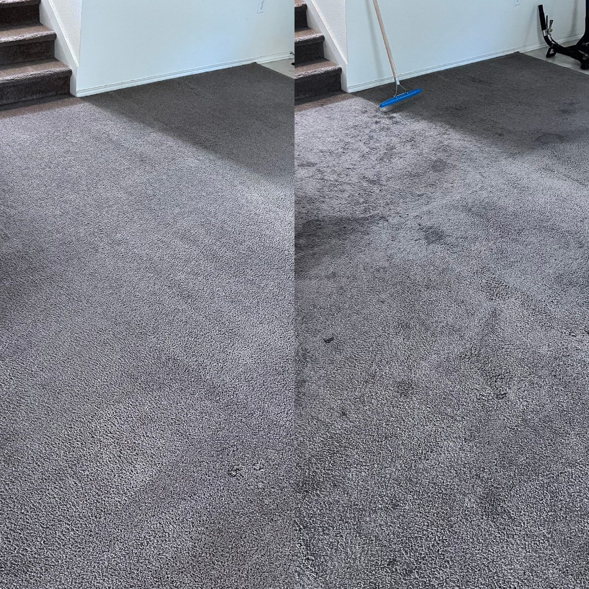 Side-by-side comparison of a carpeted floor before and after cleaning, with a broom and vacuum cleaner in the background of the cleaned section.