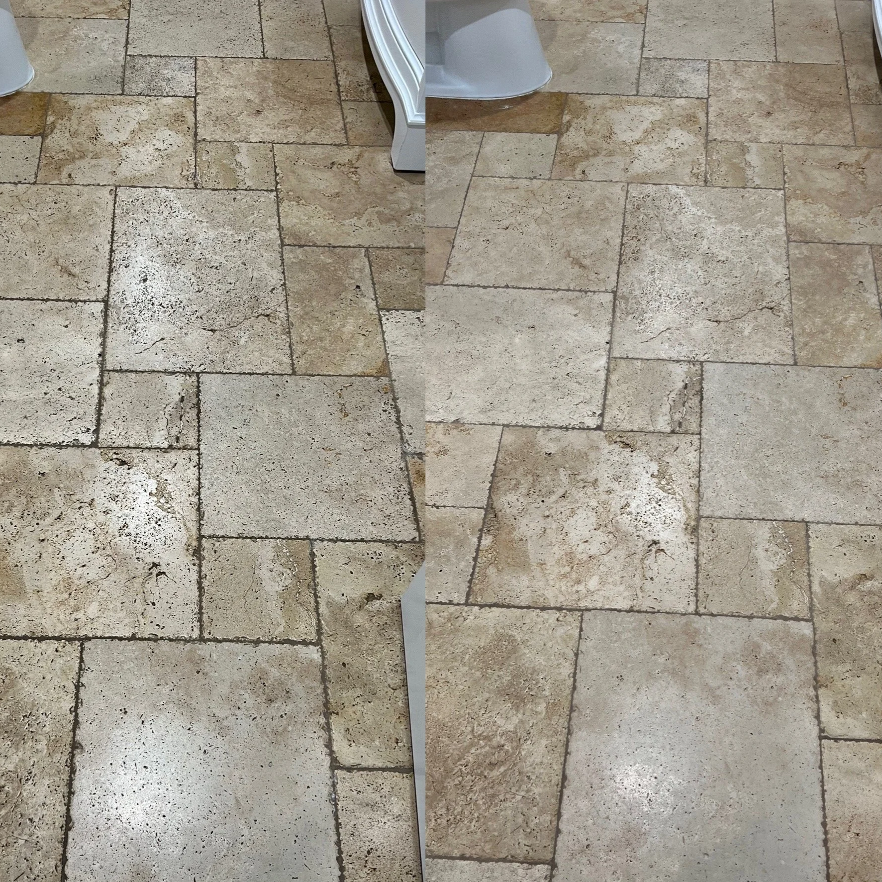 Comparison of a beige stone tile floor, showing the before and after cleaning or restoration, with visible differences in surface cleanliness and appearance.