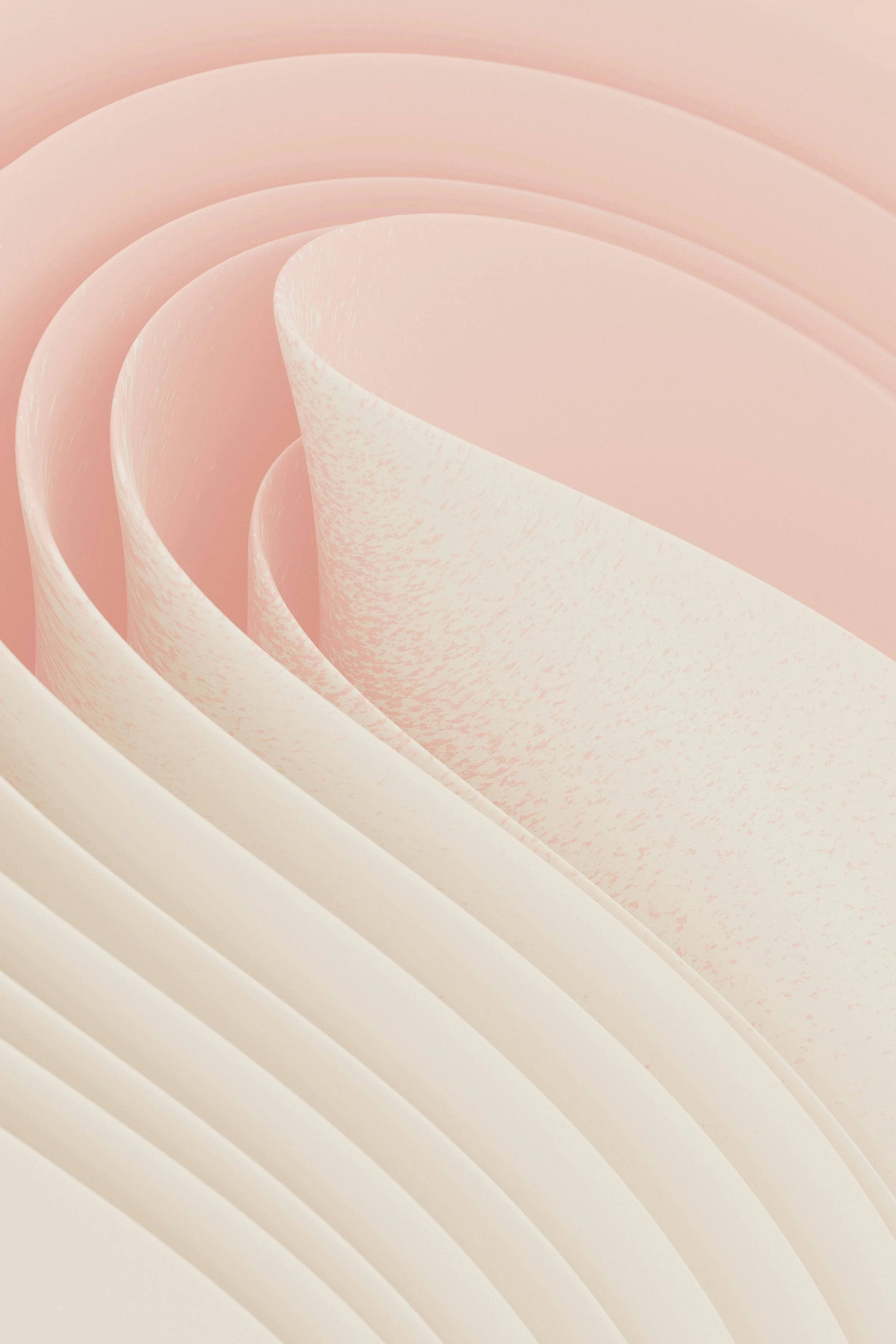 Close-up of a pastel pink and white layered abstract design with curved shapes.