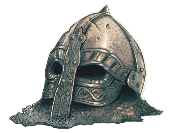 A detailed drawing of an ancient Viking helmet partially buried in dirt. The helmet features intricate carvings and a nose guard.