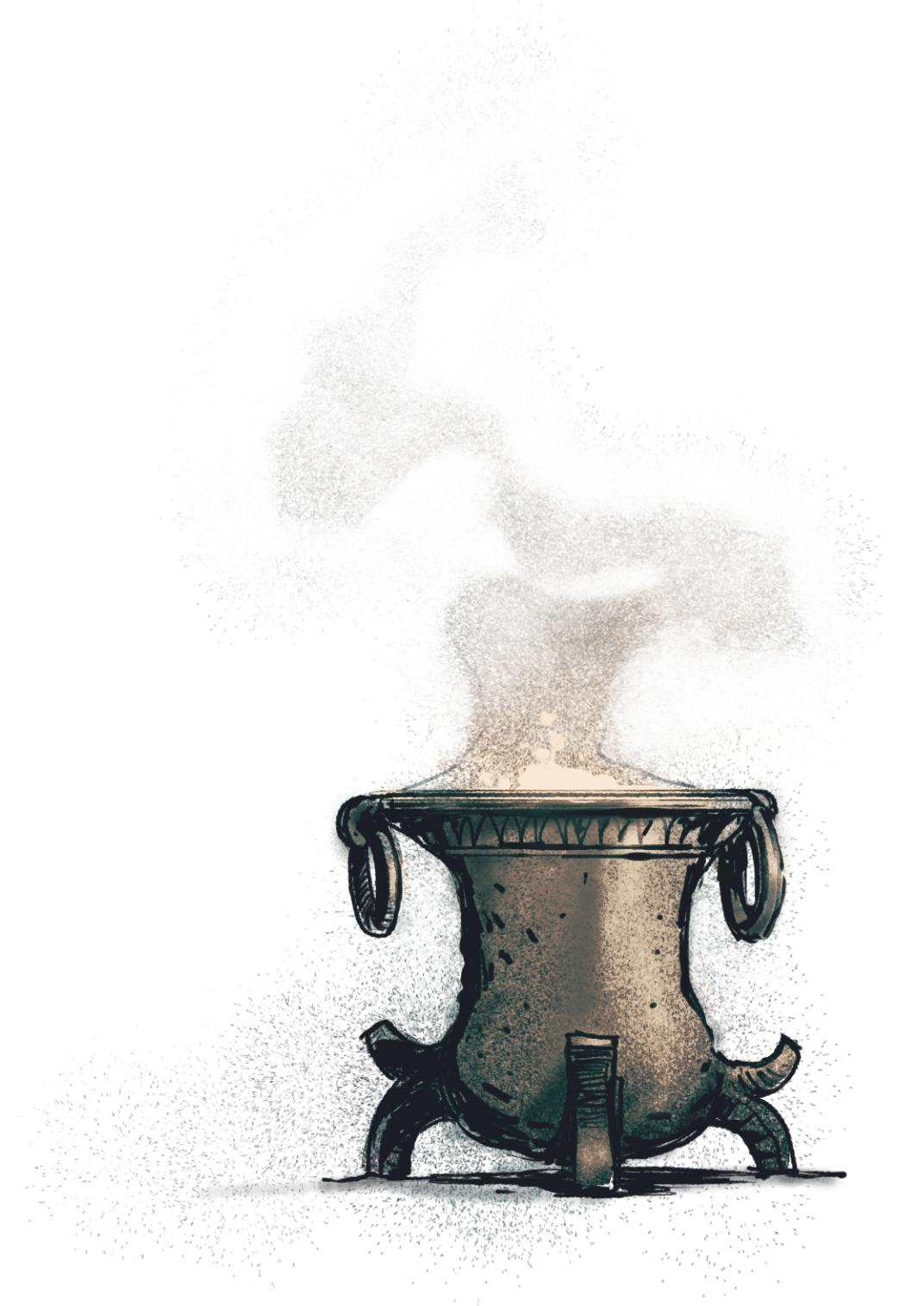 A sketch of a classical urn with handles, with smoke coming out of it
