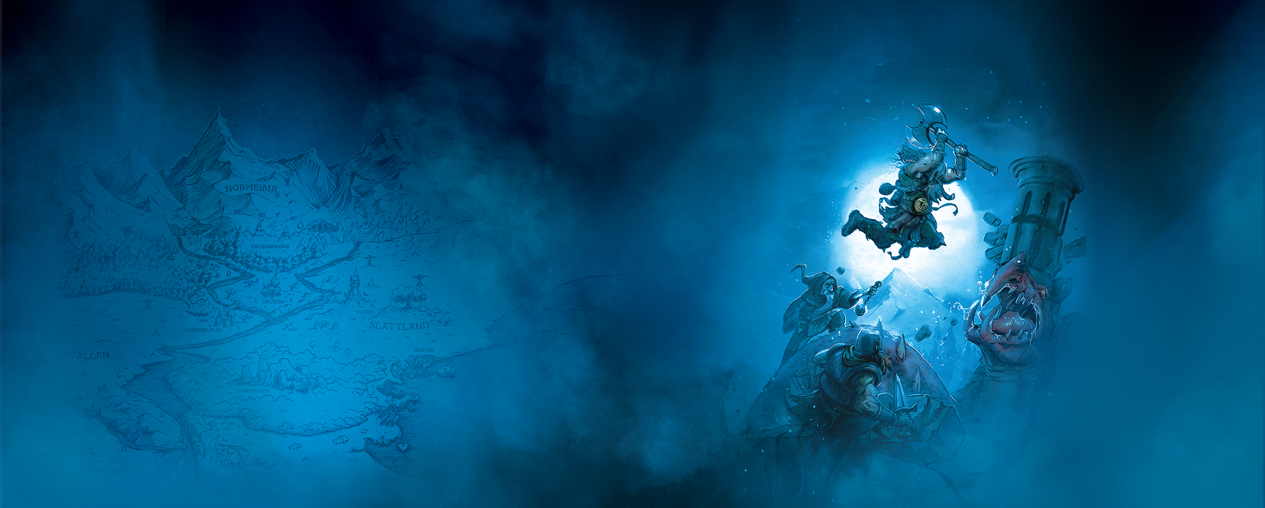 Fantasy scene with a warrior wielding a crescent axe attcking a monster, There is a large, broken column and a mountain in the background, all rendered in shades of blue.