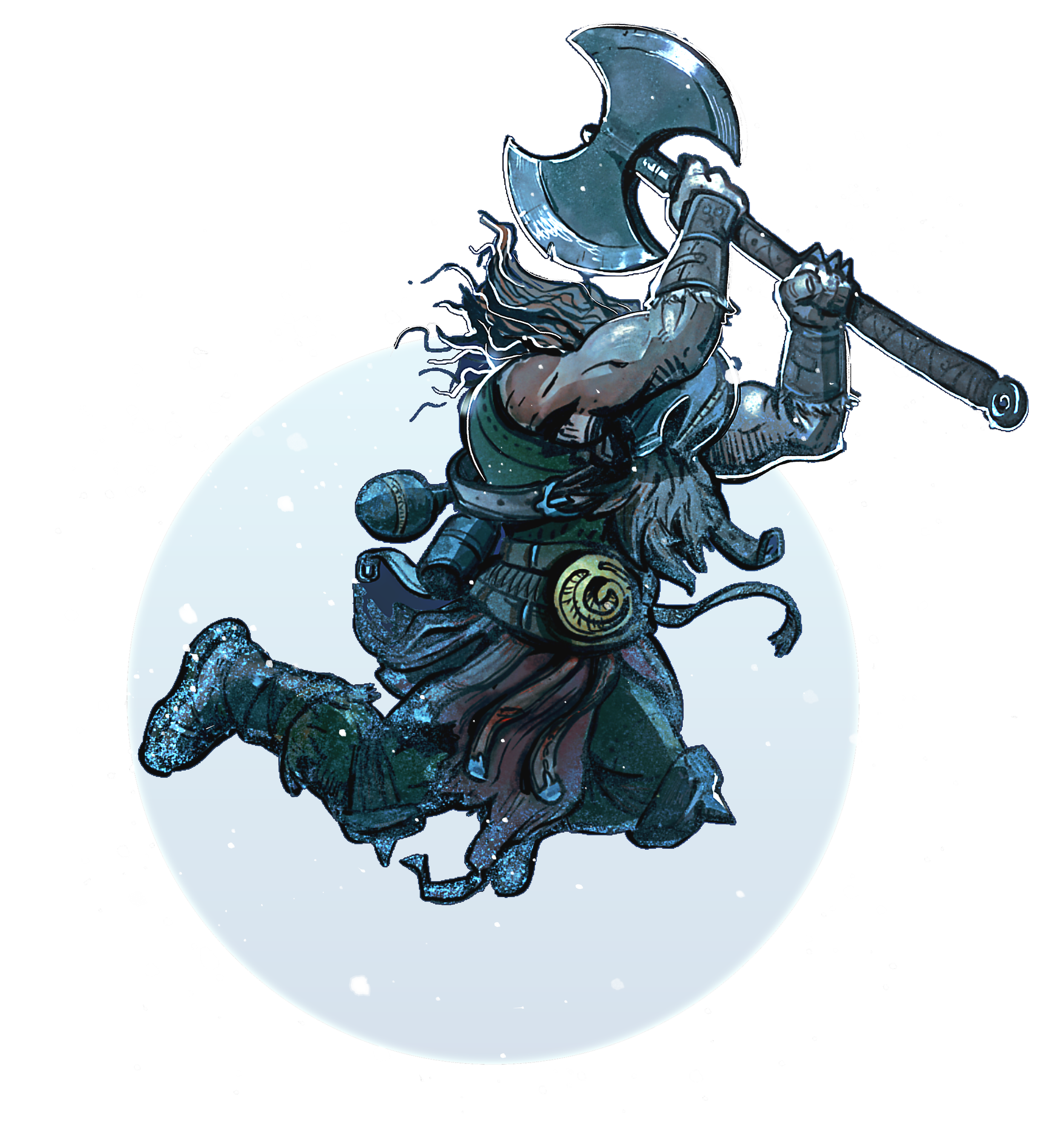 Illustration of a warrior with a helmet wielding a crescent-shaped axe
