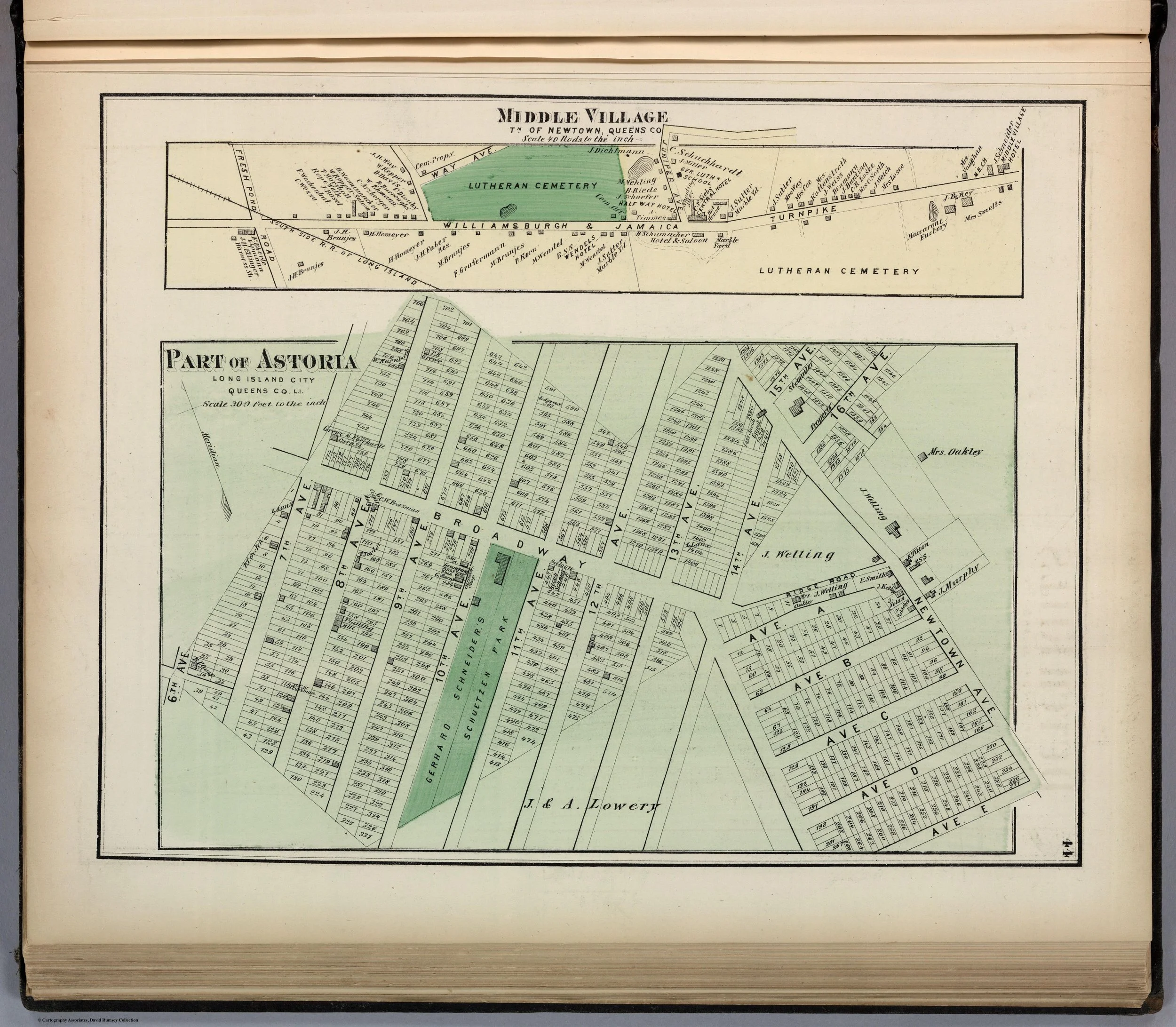 Middle Village, Town of Newtown, Queens Co., and part of Astoria, Long Island City, Queens Co., L.I., by F.W. Beers, published by Beers, Comstock & Cline, 1873, in the Atlas of Long Island, New York. From the David Rumsey Map Collection.