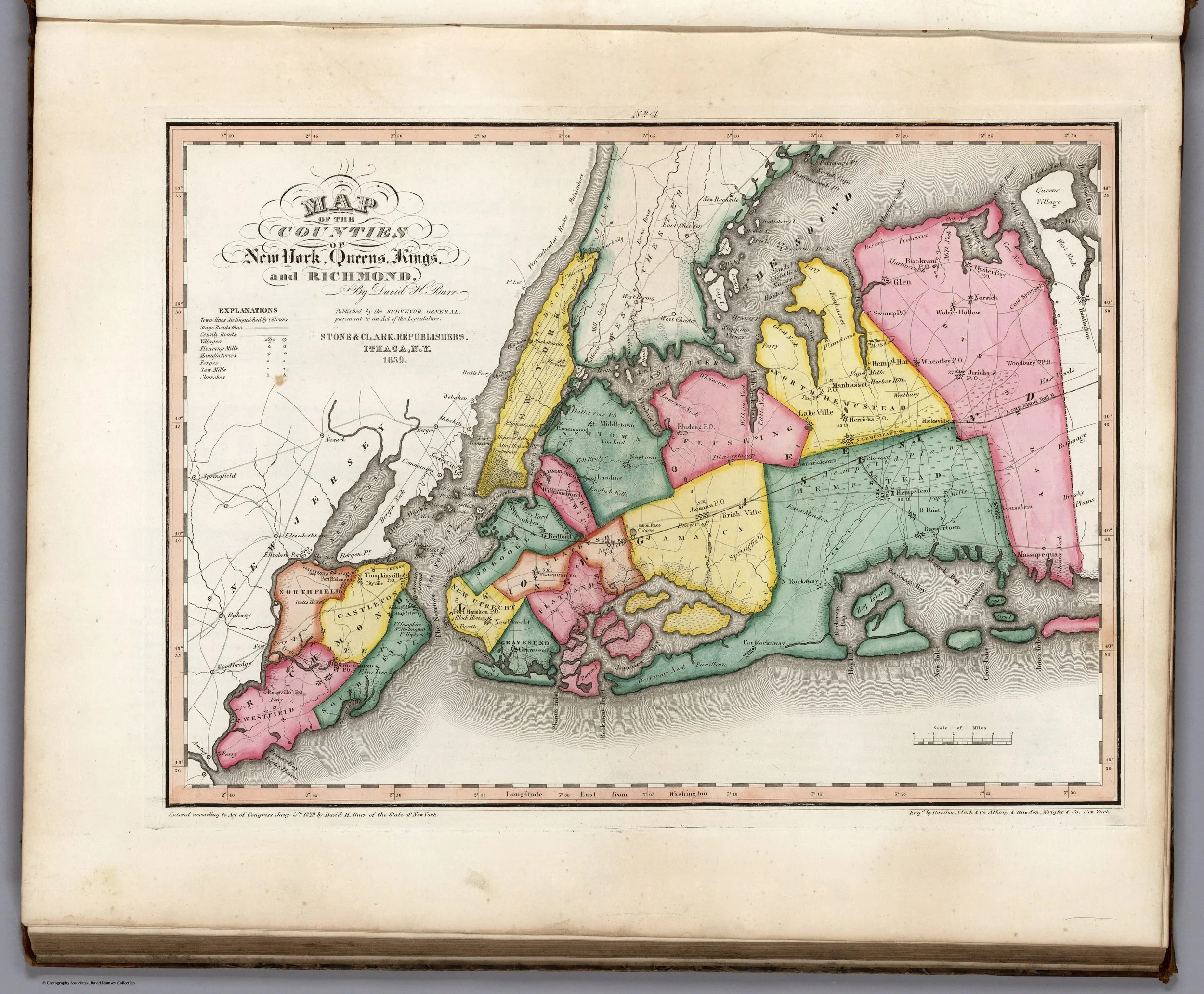 Map of the Counties of New York, Queens, Kings, and Richmond, by David H. Burr, published by Stone & Clark, c. 1839, in an Atlas of the State of New York. From the David Rumsey Map Collection.