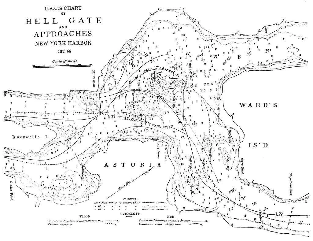 Map showing Hell Gate waterway and Hallett’s Point