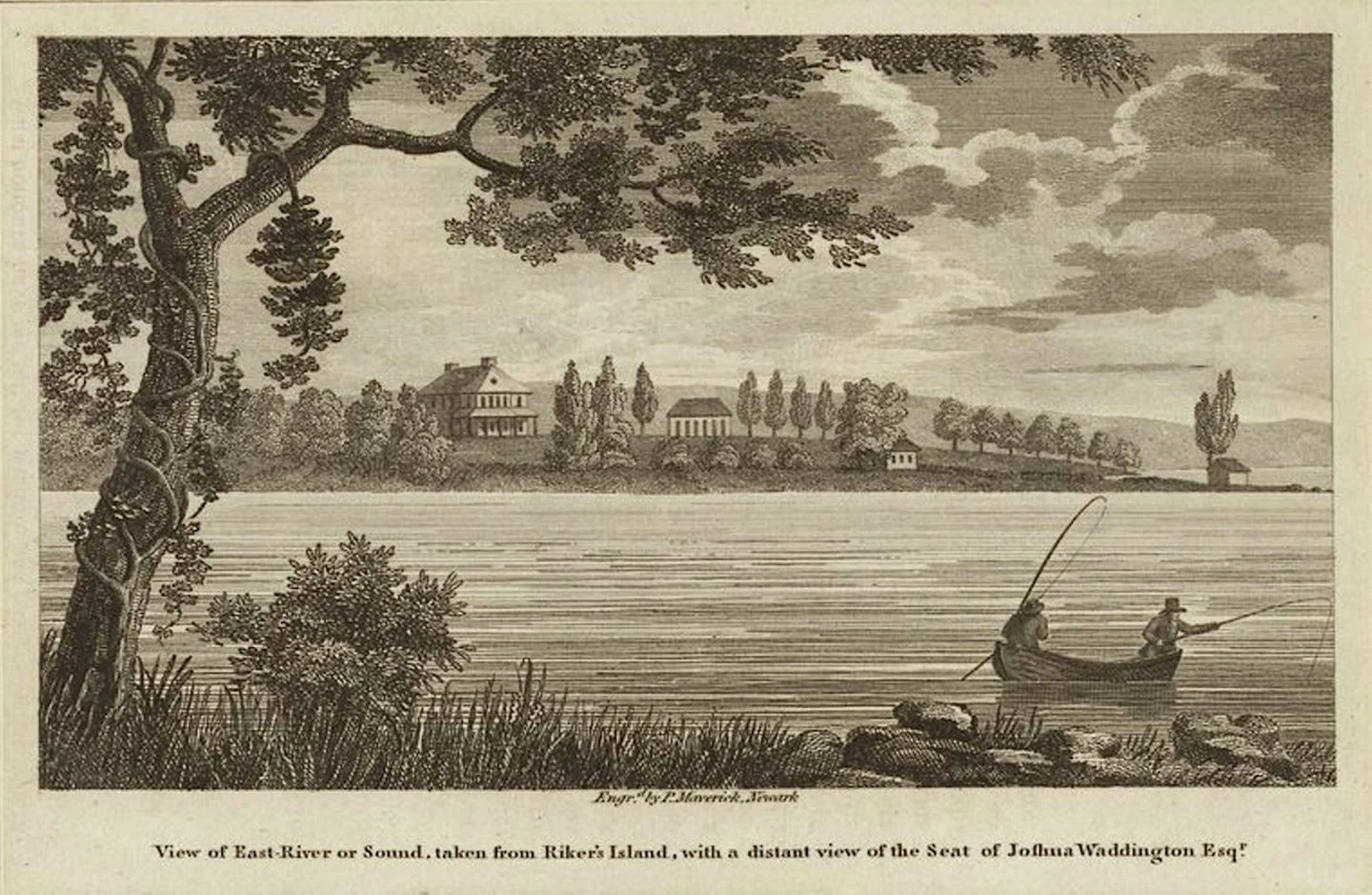 Engraving view of the East River or Sound taken from Riker’s Island with a distant view of Joshua Waddington’s seat.